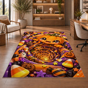 Cute pumpkin candy tunnel area rug in a sitting room with an armchair