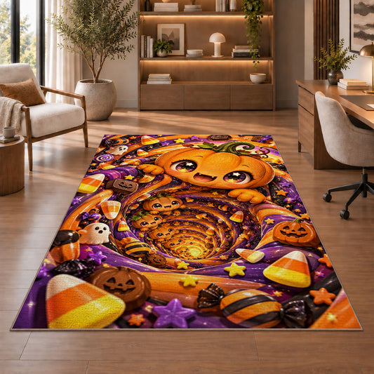 Cute pumpkin candy tunnel area rug in a sitting room with an armchair