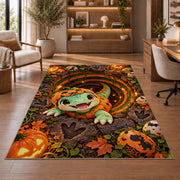 Cute dinosaur pumpkin costume area rug in a sitting room with an armchair