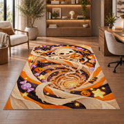 Cute mummy orange swirl area rug in a sitting room with an armchair