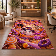 Cute ghost witch candy swirl area rug in a sitting room with an armchair