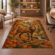 Autumn Whitetail Buck rug in a home office with wooden shelves