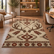 Antlers and Arrows rug in a home office with wooden shelves