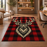 Buffalo Plaid Deer rug in a home office with wooden shelves