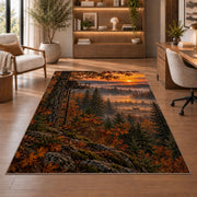 Tree Stand Sunrise rug in a home office with wooden shelves