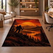 Bowhunter Sunset rug in a home office with wooden shelves