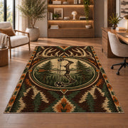 Bowhunting Emblem rug in a home office with wooden shelves