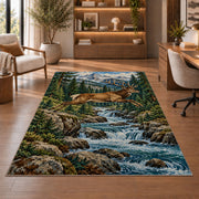 Leaping Deer Stream rug in a home office with wooden shelves