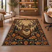 Woodcut Stag rug in a home office with wooden shelves