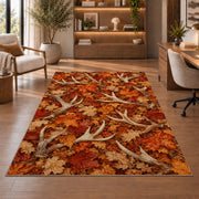 Shed Antlers Autumn rug in a home office with wooden shelves