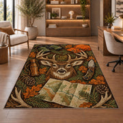 Hunting Gear rug in a home office with wooden shelves