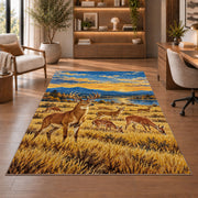 Deer Herd Meadow rug in a home office with wooden shelves