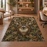 Woodland Camo Buck rug in a home office with wooden shelves