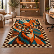 Pop Art Buck rug in a home office with wooden shelves