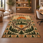 Mountain Lodge Emblem rug in a home office with wooden shelves