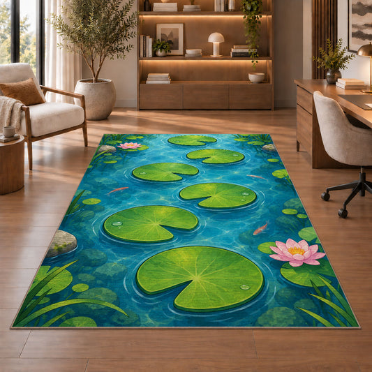 Green Lily Pad Pond Rug, Blue Water Nature Area Carpet for Kids Bedroom and Peaceful Room Decor - image 1