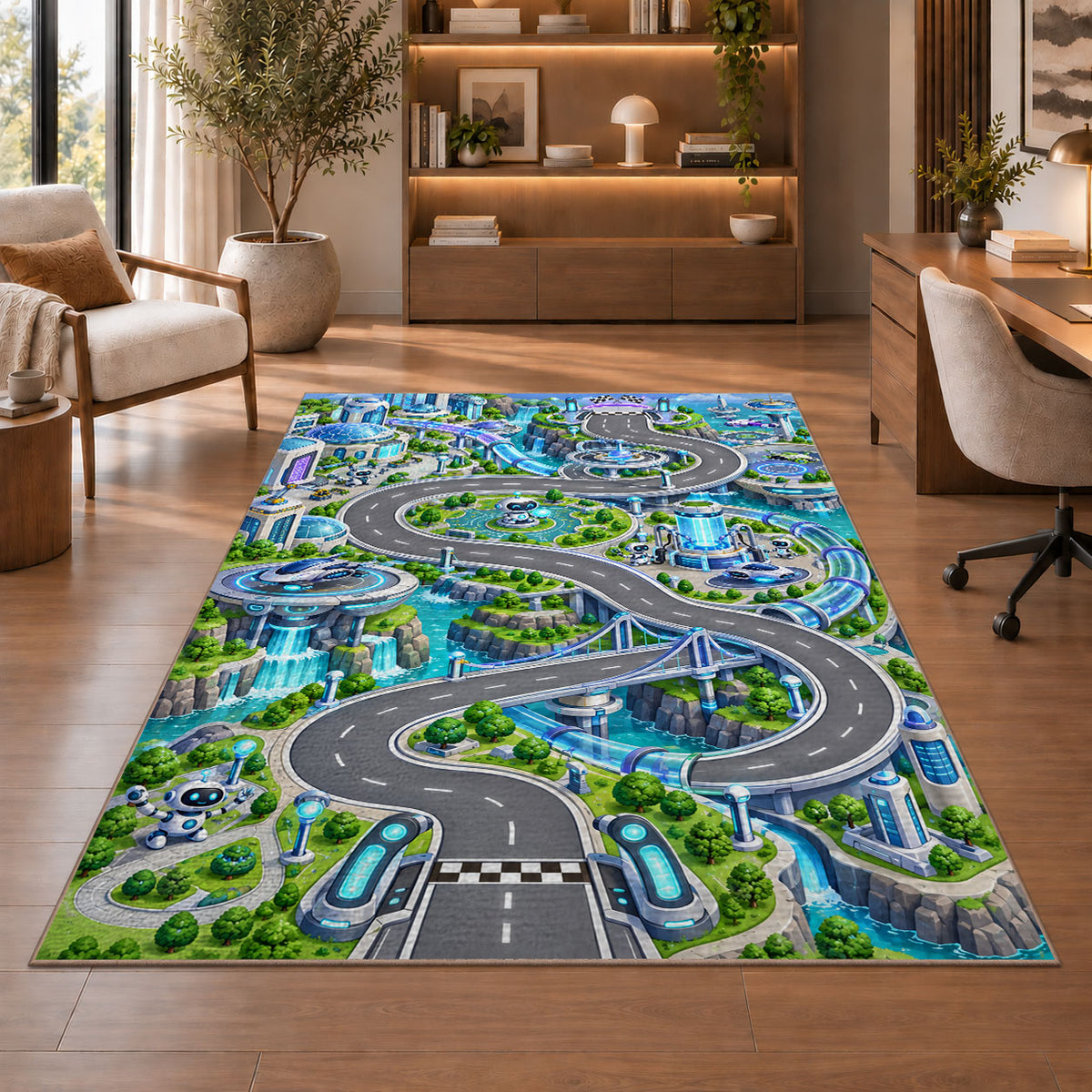 Winding Green City Roads Rug, Blue River Town Area Carpet for Kids Bedroom and Playroom Decor - image 1