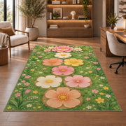 Pastel Flower Garden Rug, Pink Daisy Green Area Carpet for Kids Bedroom and Spring Room Decor - image 1