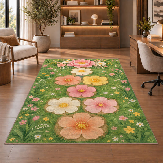 Pastel Flower Garden Rug, Pink Daisy Green Area Carpet for Kids Bedroom and Spring Room Decor - image 1
