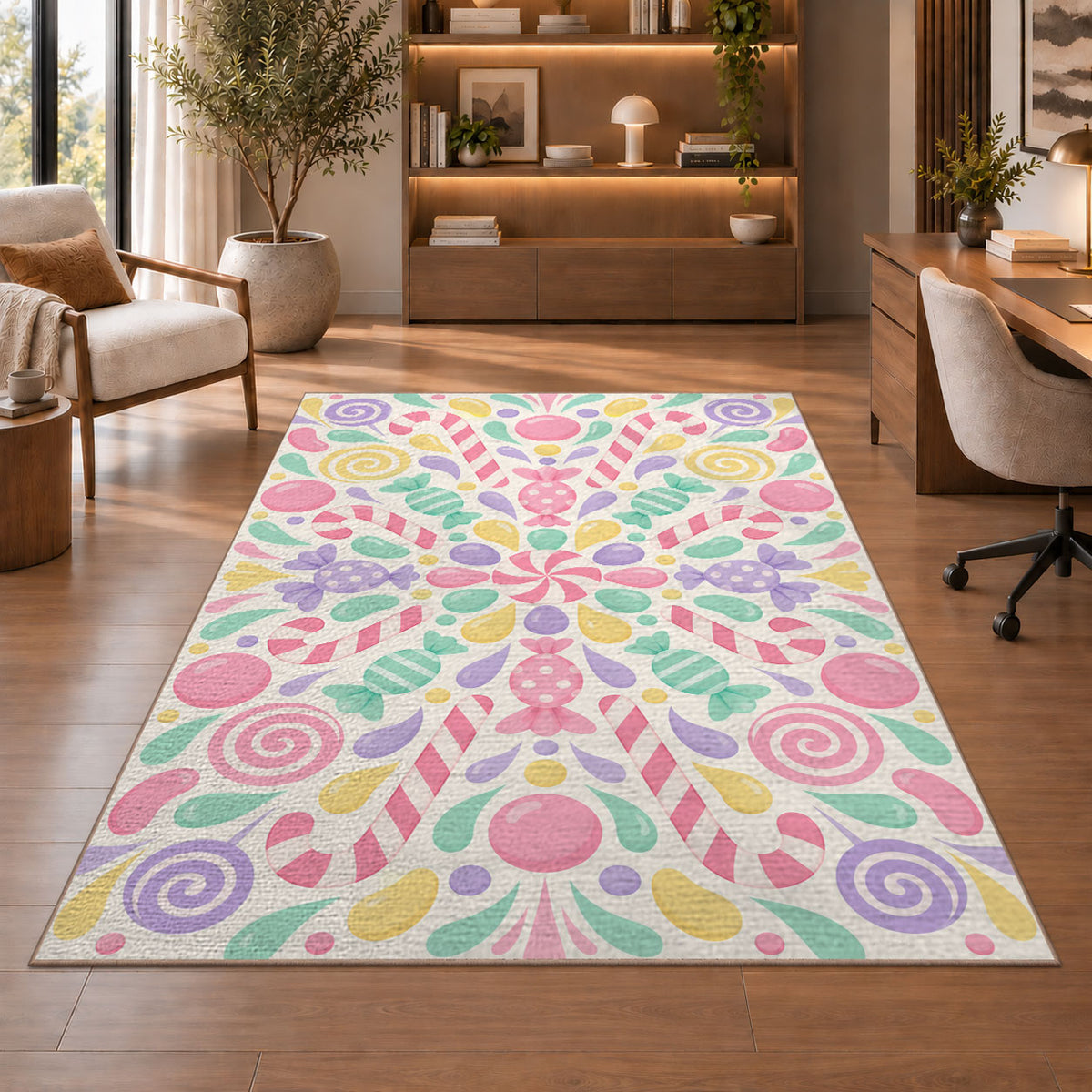 Pastel Floral Mandala Rug, Pink Mint Botanical Area Carpet for Kids Bedroom and Cheerful Decor - image 1