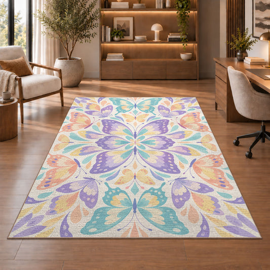 Lavender Botanical Mandala Rug, Pastel Flower Area Carpet for Kids Bedroom and Serene Room Decor - image 1