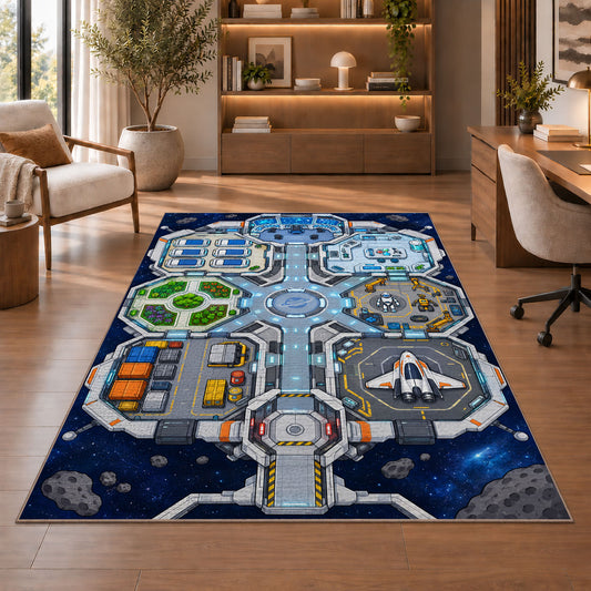 Space Station Road Map Rug, Blue Futuristic City Area Carpet for Kids Bedroom and Playroom Decor - image 1