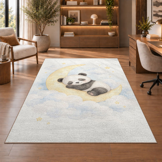 Sleeping Panda Moon Rug, Cream Nursery Area Carpet for Baby Bedroom and Gentle Kids Room Decor - image 1