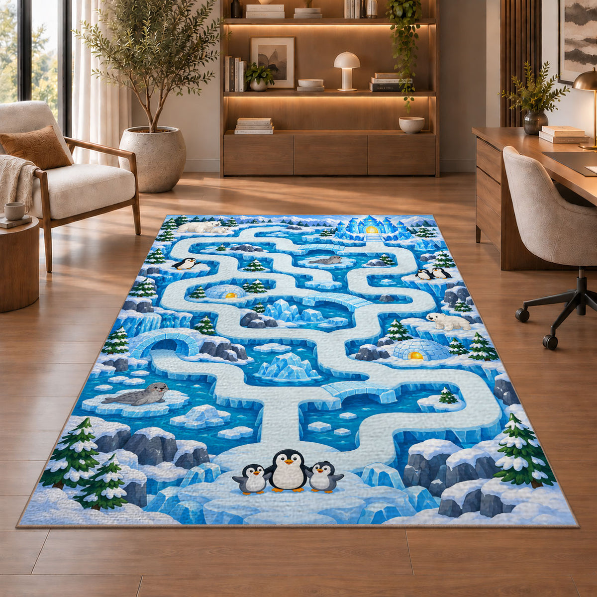 Ice Blue Winding Road Rug, Snowy Town Map Area Carpet for Kids Bedroom and Playroom Decor - image 1