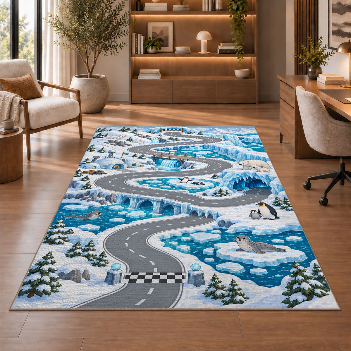 Snowy Mountain Road Rug, Blue Winter Landscape Area Carpet for Kids Bedroom and Playroom Decor - image 1