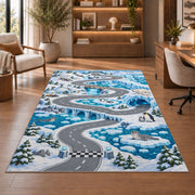 Snowy Mountain Road Rug, Blue Winter Landscape Area Carpet for Kids Bedroom and Playroom Decor - image 1
