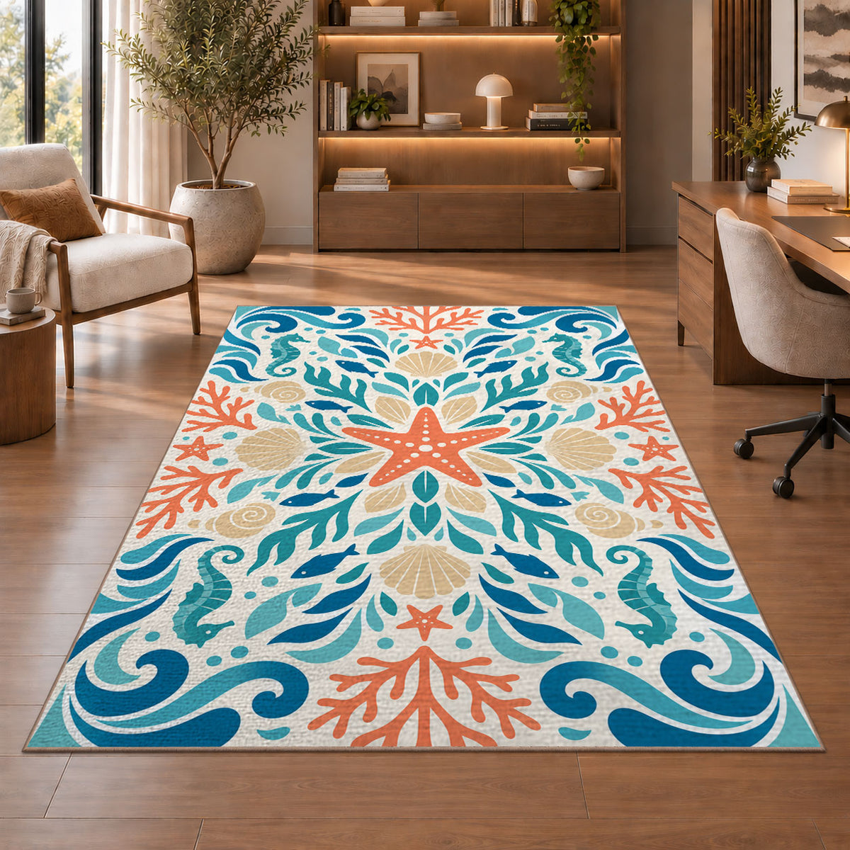 Turquoise Floral Scroll Rug, Coral Botanical Area Carpet for Bedroom and Decorative Living Room - image 1