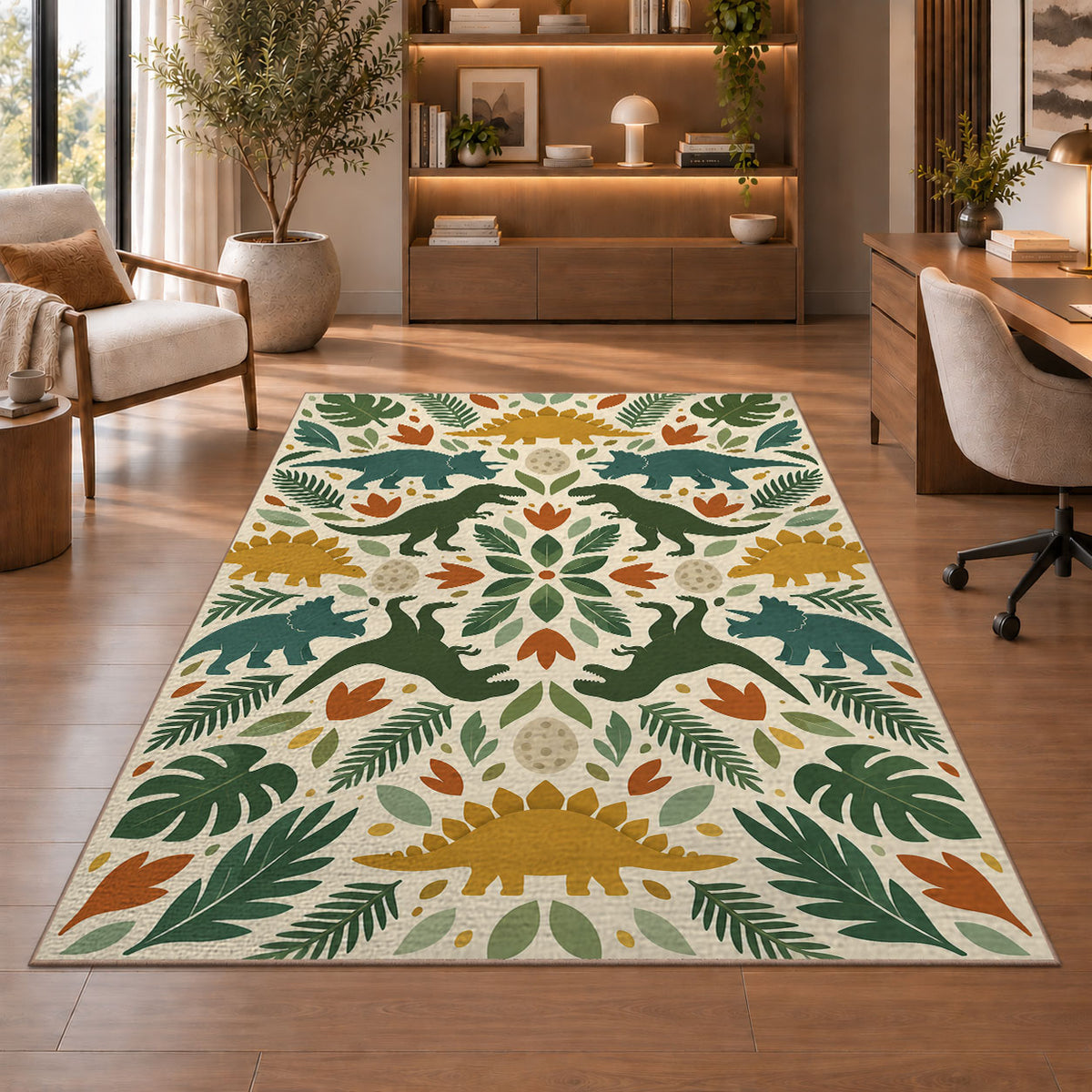 Green Botanical Floral Rug, Cream Leaf and Flower Area Carpet for Bedroom and Cozy Home Decor - image 1