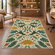 Green Botanical Floral Rug, Cream Leaf and Flower Area Carpet for Bedroom and Cozy Home Decor - image 1