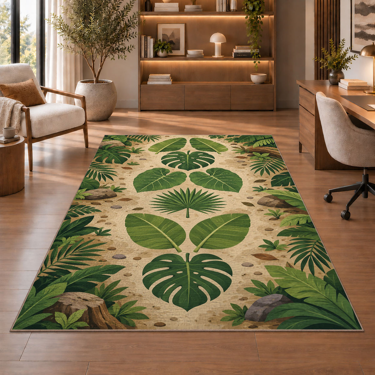 Cream Tropical Leaf Mandala Rug, room view 1