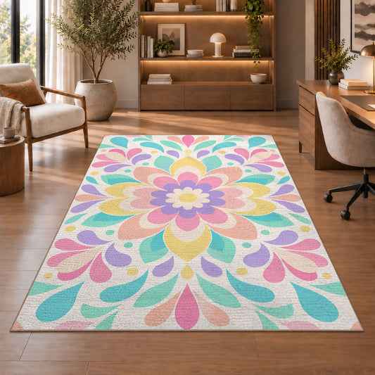 Pink Mint Flower Mandala Rug, room view 1
