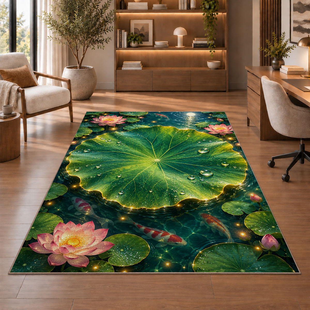Lotus Leaf Pond Garden Rug, room view 1
