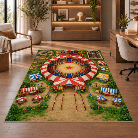 Colorful Village Wheel Rug, room view 1