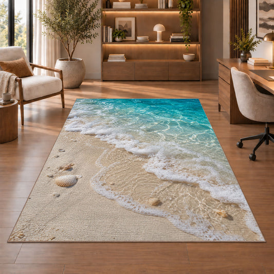 Turquoise Shore Waves Rug, room view 1