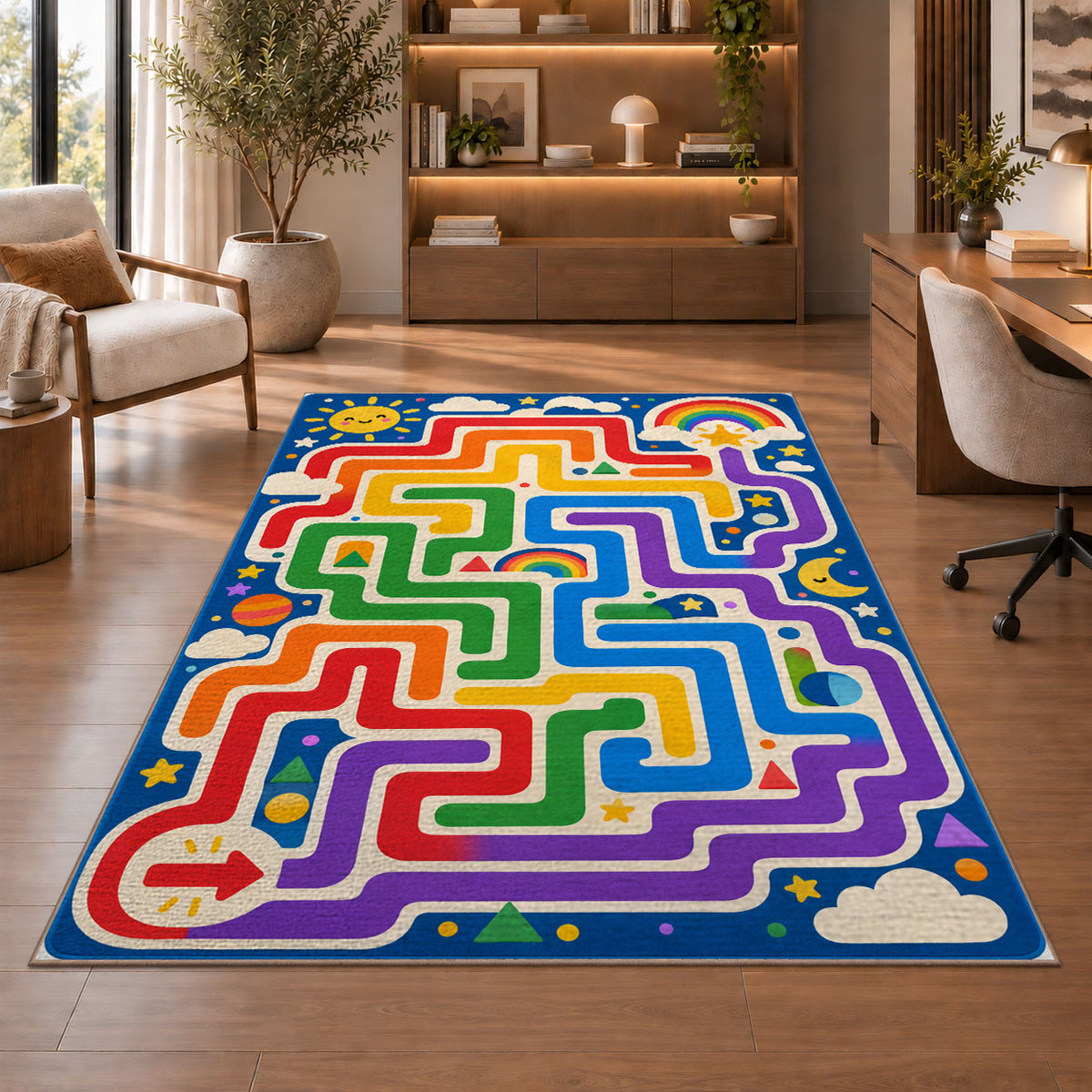 Rainbow Maze Lines Rug, room view 1