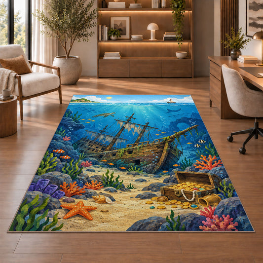 Underwater Shipwreck Rug, Printed Area Carpet for Kids Bedroom and Cozy Living Room Decor - image 1