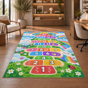 Colorful numbered hopscotch rug with flower borders in a bright living room