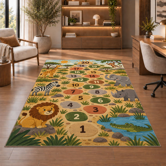 Safari animal hopscotch rug with lions, elephants and numbered stepping circles, shown beside seating in a bright room