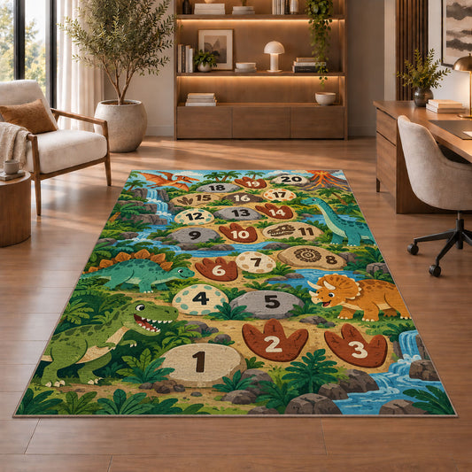 Green dinosaur hopscotch rug with prehistoric plants and numbered footprints, shown beside seating in a bright room