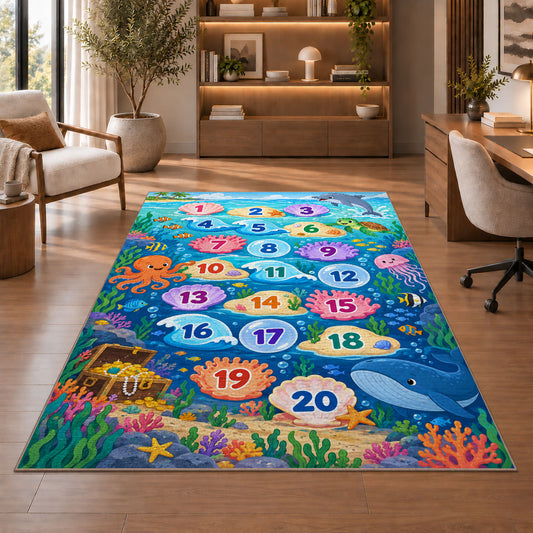 Blue ocean hopscotch rug with numbered bubbles, coral, fish and sea animals, shown beside seating in a bright room