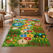 Green farm animal hopscotch rug with numbered circles, barn, tractor and fields, shown beside seating in a bright room