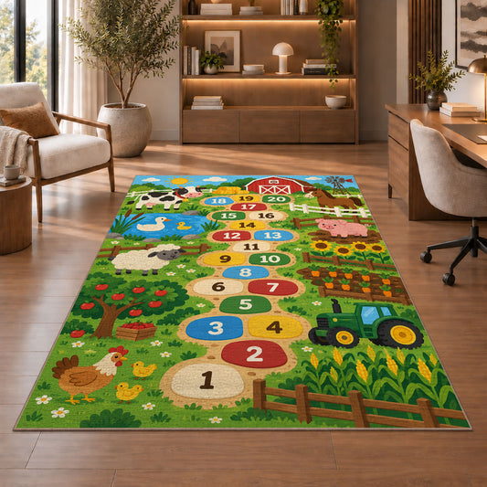 Green farm animal hopscotch rug with numbered circles, barn, tractor and fields, shown beside seating in a bright room