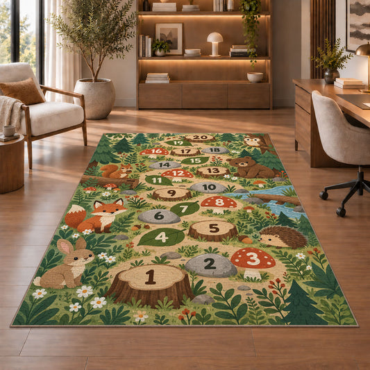 Woodland animal hopscotch rug with earthy numbered circles and green forest foliage, shown beside seating in a bright room