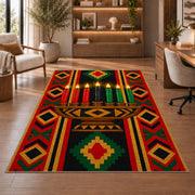 Kwanzaa Kinara Rug in a home office with wooden shelves