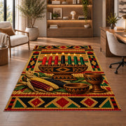 Kwanzaa Mkeka Rug in a home office with wooden shelves