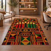 Kente Pattern Kwanzaa Rug in a home office with wooden shelves